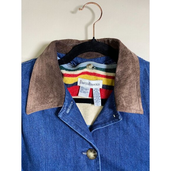 Vtg David Brooks Denim Chore Barn Jacket Suede Collar Womens Large Wool lining - Picture 4 of 16